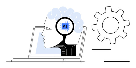 Human profile with AI microchip and neural connections, laptop, and gear. Ideal for AI, technology, innovation, machine learning, automation future digital transformation. Simple flat metaphor
