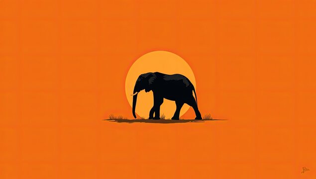 Silhouette of an elephant walking against the backdrop of a vibrant orange sunset and a large sun