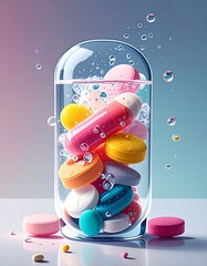 Colorful pills and capsules submerged in clear water within a glass case