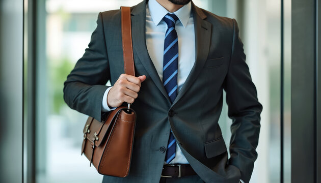 Torso view shows man in grey suit and tie. He holds brown leather bag on his shoulder. Businessman waits inside modern office building near windows goes to work. - Powered by Adobe