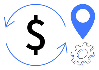 Dollar sign surrounded by circular arrows, blue location pin, and white gear. Ideal for finance, logistics, location-based services, business optimization, productivity, navigation and cost