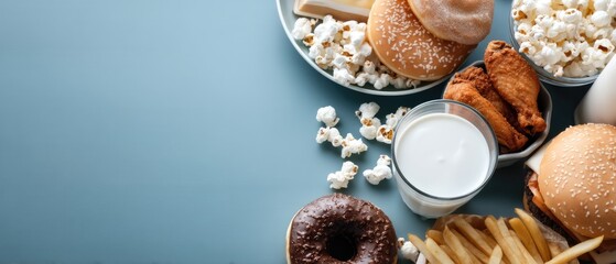 Fast food spread featuring burgers, chicken, fries, popcorn, donuts, and drinks on a blue background ideal for sharing with friends