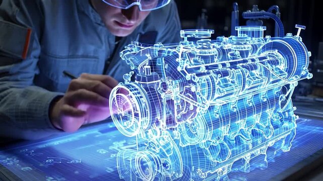Engineer viewing a holographic blueprint of a machine on a factory floor, a scene of predictive maintenance.
