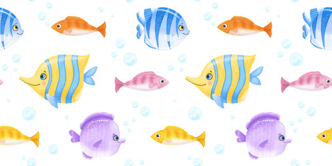 A colorful seamless pattern with cheerful fish in a children's cartoon style. Cute marine wallpaper for children's products. Colorful fish on a white background