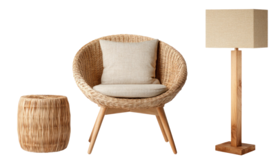 A woven chair with a cushion, a side table, and a tall lamp, all with a natural aesthetic