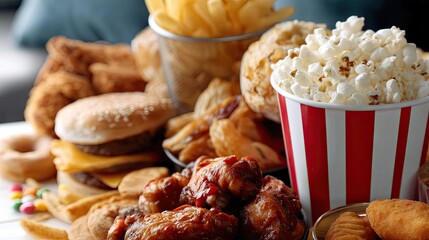 Delicious spread of fast food including burgers, fried chicken, popcorn, and fries on a table suitable for a movie night at home