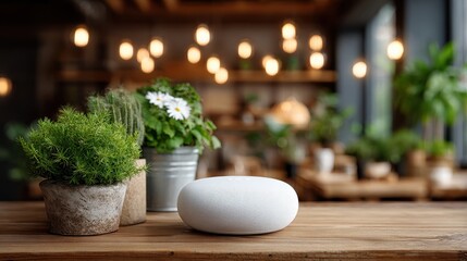 Fototapeta premium Smart Speaker with Plants on Wooden Table in Cozy Home Interior