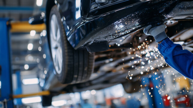 Macro close-up of the underside of a black car lifted in a workshop, oily metal parts glistening under bright white LEDs, mechanicâs gloved hand reaching into frame, gritty yet pol