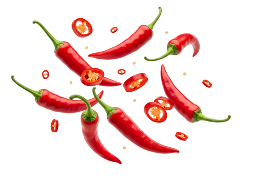 Vibrant red chili peppers and slices scattered in a dynamic arrangement isolated on transparent background
