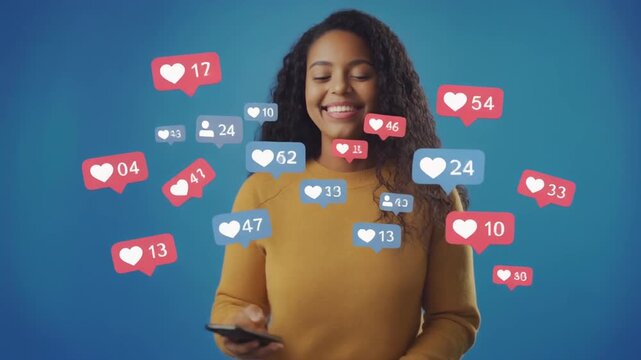 High quality video of young woman using smartphone with social media icons floating around her on a seamless blue background with digital animation modern design and tech feel perfect for mobile app p - Powered by Adobe