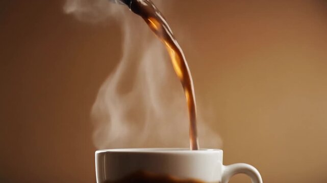 Ultra HD video of fresh coffee pouring into cup with steam rising on a seamless beige background with warm tones aromatic feel and cozy atmosphere perfect for caf&eacute; branding morning lifestyle visuals a