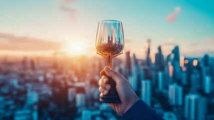 Hand holding unique trophy glass reflecting vibrant inverted cityscape, silhouetted against panoramic urban skyline at stunning sunset golden hour.