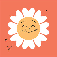 Daisy flower cartoon face. Smiling face for kids. Vintage sticker of floral emoticon. Cute chamomile