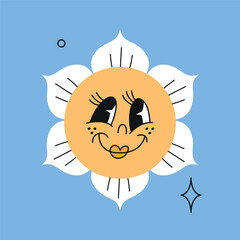 Daisy flower cartoon face. Smiling face for kids. Vintage sticker of floral emoticon