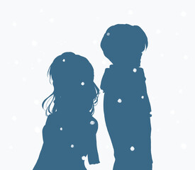 Obraz premium 背中合わせの男女 寂しい 冬 雪 シルエット