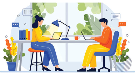 Vector art of two colleagues are working from home, sitting at a desk with laptops, books, and plants, communicating through chat bubbles