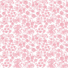 Ditsy pink floral seamless pattern on a white background. Delicate monochrome flower illustration. Classic vintage botanical design for shabby chic fabric, textiles, or romantic wallpaper.