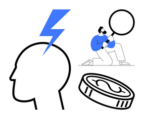 Human head with lightning bolt insight, researcher with magnifying glass, and coin emphasize creativity, exploration, finance, innovation, problem-solving, research, and decision-making in a simple