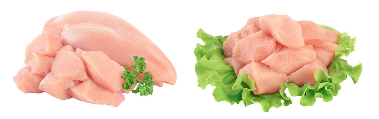 Fresh diced chicken fillet with parsley isolated on white background with full depth of field.