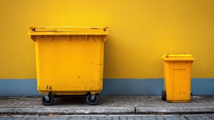 Small Dumpster on City Street. Yellow Trash Can with Copy Space. Clean and Empty Container
