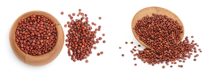 red quinoa seeds in wooden bowl isolated on white background with full depth of field. Top view. Flat lay