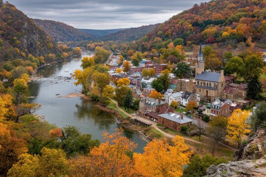 Small Town West Virginia: Harper's Ferry Overlook with Colorful Fall Foliage and Historic Village by Shenandoah River