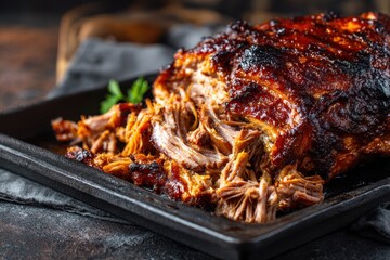 Smoked Pulled Pork Shoulder. Appetizing Meat Dish on Black Tray for Barbecue Lovers