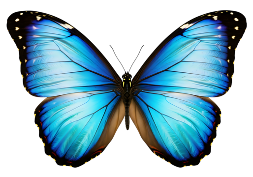 Close up of a vibrant blue morpho butterfly with intricate wing patterns isolated on transparent background