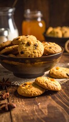 Cookies overflowing from a rustic bowl set on a wooden table