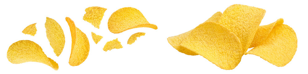 Potato chips isolated on white background with full depth of field. Top view. Flat lay.