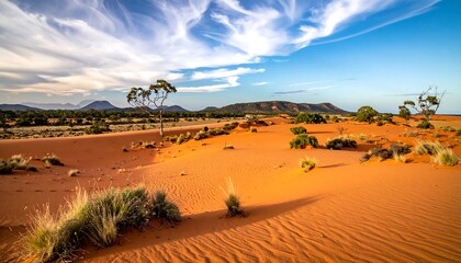 A sunlit arid landscape with a sandy dune, sparse vegetation, and distant hills under a partly cloudy, blue sky