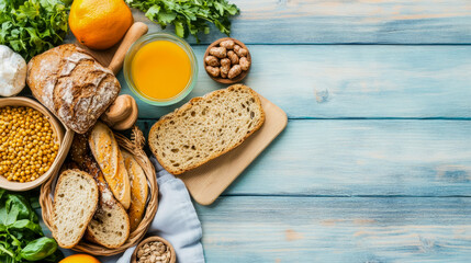 Fototapeta premium Top-down view of diverse wholesome food items like artisanal bread, vibrant orange, fresh greens, chickpeas, nuts, and juice artfully arranged on serene blue wood surface