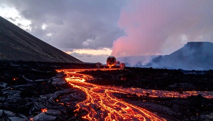 A stream of molten rock flows across a dark, hardened landscape, meeting a horizon of volcanic activity under a dusky sky