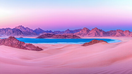 Vibrant Pink Sand Dunes and Purple Mountains Embrace Turquoise Lake Under Dreamy Gradient Sky at Twilight