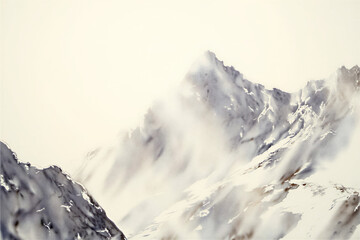 Soft watercolor painting of snowy mountain peaks in morning mist. Minimalist composition with gentle light and neutral tones creates a calm, airy atmosphere perfect for wall art and decor