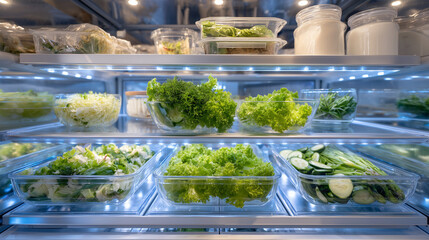 Macro interior view of an organized refrigerator, glass shelves gleaming, fresh food arranged in symmetrical order salads, juices, dairy, and herbs hyperreal lighting and compositi