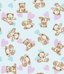 Fototapeta premium Cute teddy bear seamless pattern. Hand-drawn baby toy animal background with pink and blue hearts. Sweet and nostalgic nursery illustration for kids fabric, wallpaper, or gift wrap.