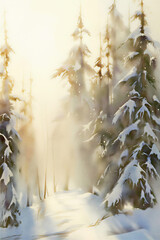 Soft watercolor landscape of a snowy forest glowing in gentle morning light. Warm sunlight through pine branches creates a peaceful, serene winter mood. Perfect for wall art and seasonal decor