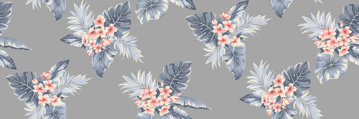 Elegant tropical floral seamless pattern banner. Vintage botanical illustration with pink hibiscus flowers and grey palm leaves. Sophisticated exotic design for wallpaper, fabric, or headers.