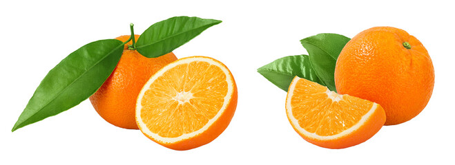 Orange fruit with leaves isolated on white background with full depth of field