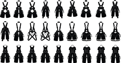 Safety harness silhouette, industrial fall protection vector, construction worker gear, climbing equipment illustration, protective strap design, secure belt clip art set