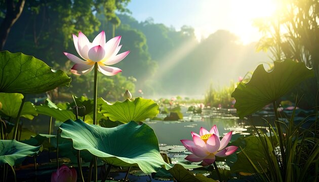 A serene pond scene captures two vibrant lotus blossoms, basking in the morning sun's warm glow amid lush greenery