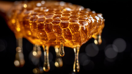 Honey flowing down the honeycomb surface, close-up capturing smooth, sticky texture, reflections glimmering off droplets, hexagonal structure highlighted against pitch-black backgr
