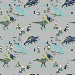 Cute skiing dinosaur seamless pattern. Funny winter sport animal background with T-rex and mountains. Whimsical kids illustration for boys' fabric, nursery wallpaper, or textile print. © Creativezone