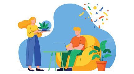 Vector art of a woman is bringing a plant to a man who is working on his laptop in a cozy and colorful room, confetti in the background adds a festive touch