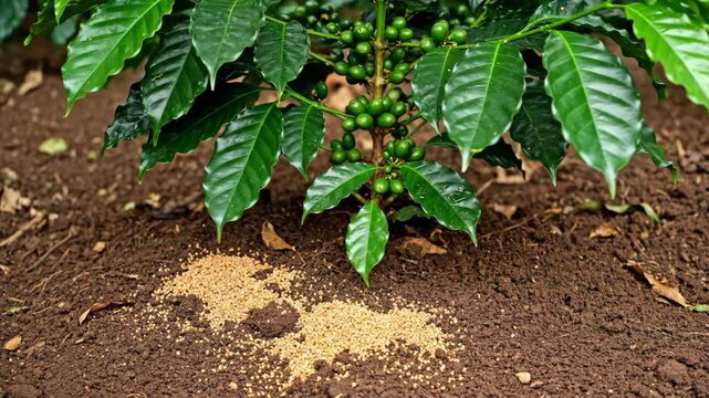 Hand Pouring Fertilizer on Coffee Plant in Lush Green Garden