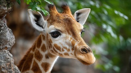 Obraz premium Close-up Portrait of a Young Giraffe with Green Foliage Background