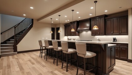 Modern finished basement with recreation room, bar area. Dark brown kitchen cabinets, island with granite countertop. Four beige barstools at island. Recessed lighting in ceiling. Staircase to upper
