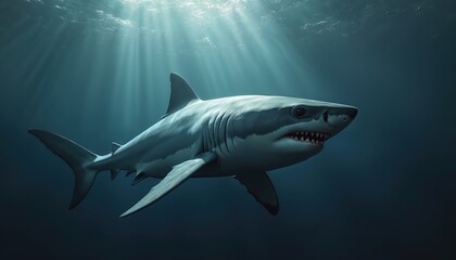 Fototapeta premium Illustration of a great white swims underwater. Sun rays penetrate water. Predator animal marine life swimming in deep ocean. Aquatic wildlife concept.