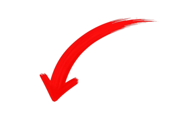 A bright red curved arrow pointing downwards isolated on transparent background